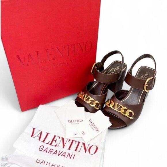 VALENTINO GARAVANI Brown Open Toe Gold VLogo Block Heel Sandals Size EU39 - Picture 15 of 16
